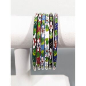 Set of 5 Vintage Cloisonné Bangle Bracelets Floral Enamel Stack 7.5"